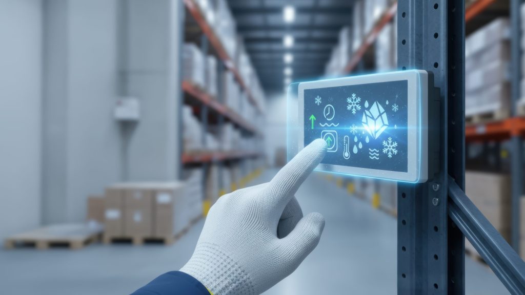 Cold chain logistics warehouse logistic temperature control smart panel being touched by gloved hand ensuring frozen goods safety and efficient